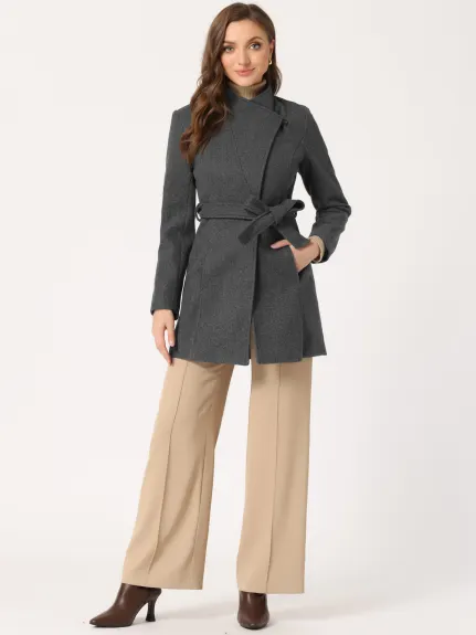 Allegra K- Classic Stand Collar Belted Long Coat