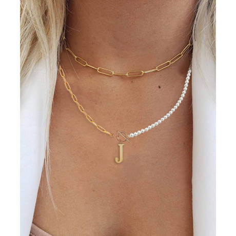 Rachel Glauber 14K Gold Plated Initial "J" Pearl Link Chain Necklace