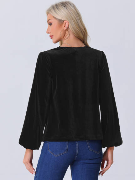 Allegra K - Cowl Neck Lantern Long Sleeve Velvet Blouse