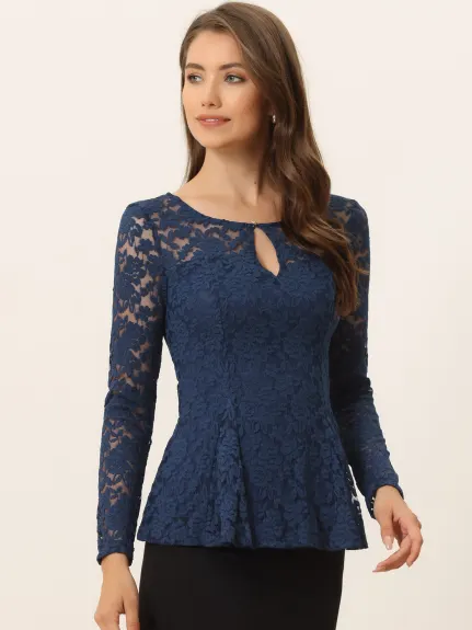 Allegra K - Long Sleeve Lace Sheer Peplum Top