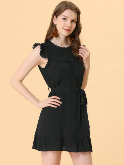 Allegra K- Ruffle Sleeve Round Neck Tie Belt Crochet A-Line Short Dress