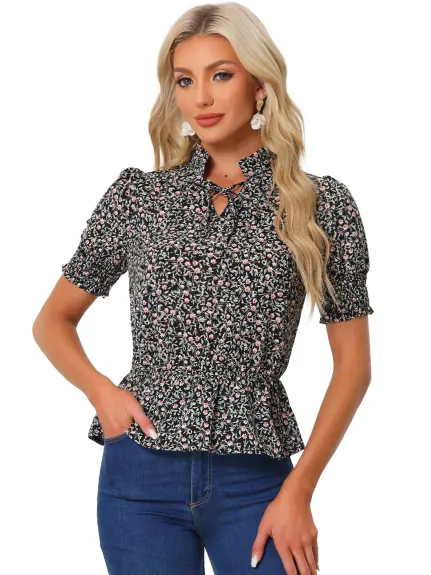 Allegra K - Ruffled Neck Summer Floral Peplum Top