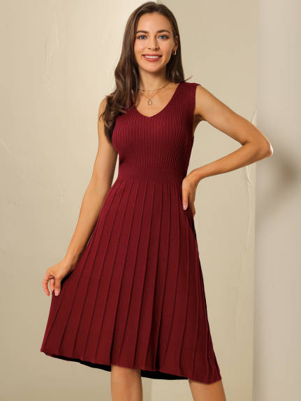 Hobemty- V Neck Knit Pleated Midi Dress