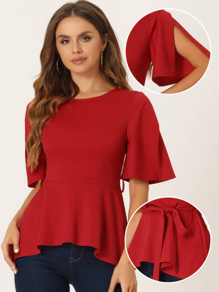 Allegra K- Split Half Short Sleeve Self Tie Waist Peplum Top