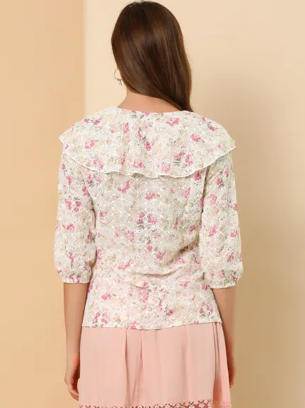 Allegra K - Ruffled Tie-Neck Textured Floral Blouse