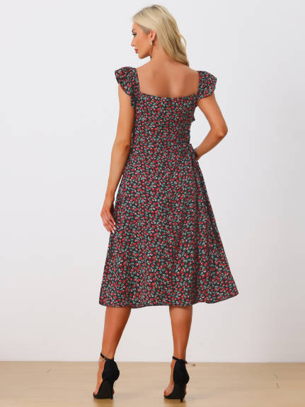 Allegra K - Cherry Print Lace-up Cap Sleeve Midi Dress