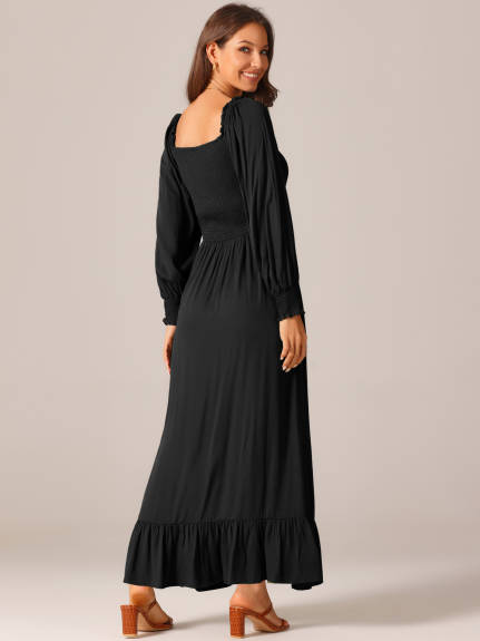 Allegra K - Scoop Neck Smocked Maxi Dress