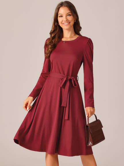 Allegra K - Puff Long Sleeve Tie Waist Casual Dress