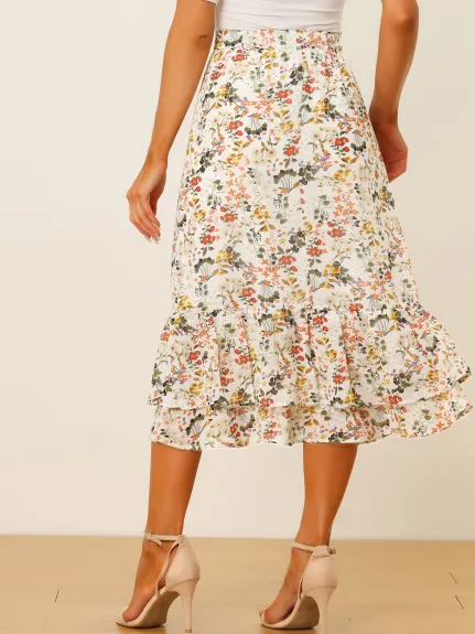 Allegra K- Zipper Printed Chiffon Ruffle Tiered Midi Skirt