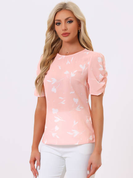 Allegra K- Floral Crew Neck Shirred Short Sleeve Blouse