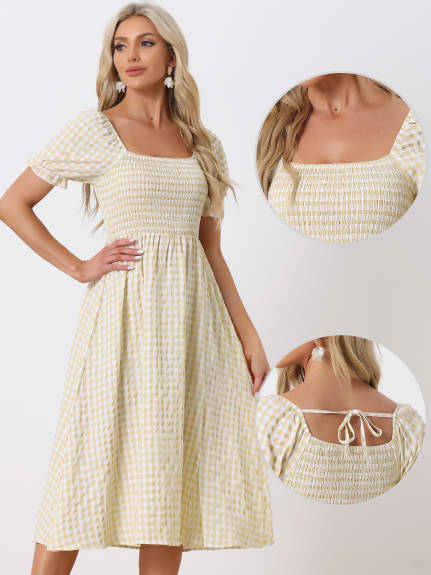 Allegra K- Midi Smocked Front Tie Back Checks Gingham Dress