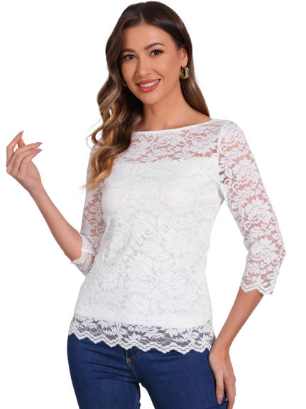 Allegra K - 3/4 Sleeve Crew Neck Floral Lace Top