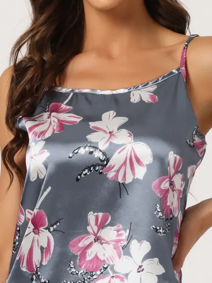 cheibear - Satin Pajama Summer Floral Camisole with Shorts