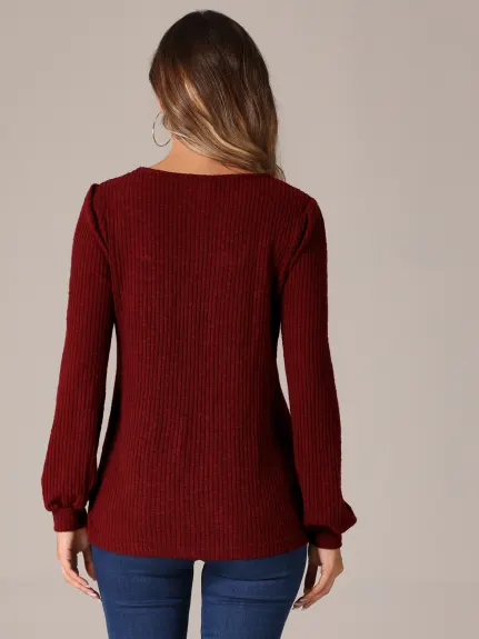 Allegra K - Square Neck Ribbed Knit Long Sleeve Top