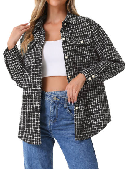 Allegra K - Long Sleeves Loose Tweed Shirt Jacket