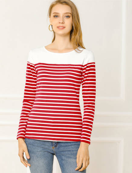 Allegra K- Color Block Long Sleeve Stripe T-Shirt