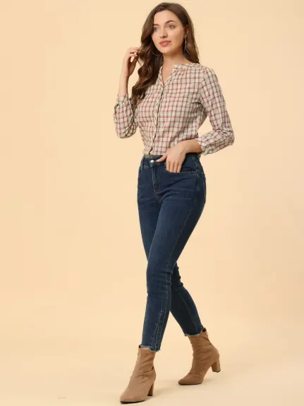 Allegra K- Plaid V Neck Long Sleeve Blouse Shirt