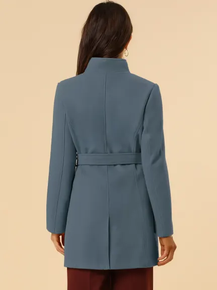 Allegra K- Classic Stand Collar Belted Long Coat