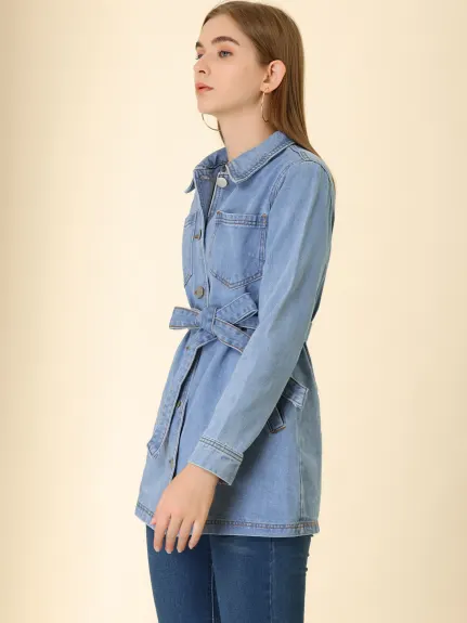 Allegra K- Veste en jean à manches raglan et ceinture à nouer à la taille