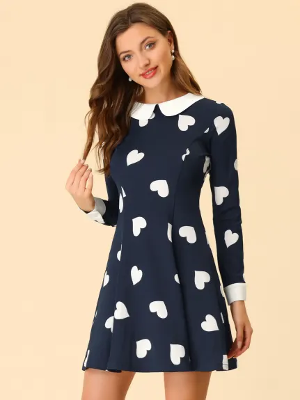 Allegra K- Peter Pan Collar Long Sleeve Above Knee A-Line Dress