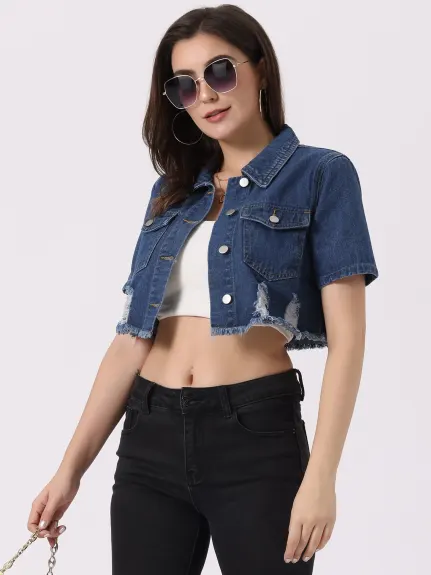 Allegra K- Short Sleeve Frayed Crop Denim Jacket