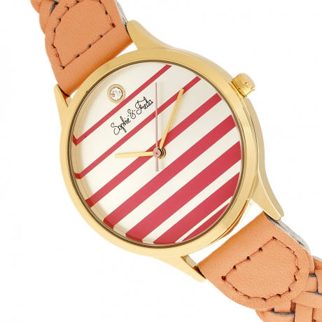 Sophie and Freda - Tucson Leather-Band Watch w/Swarovski Crystals - Gold/Coral