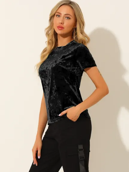 Allegra K- Velvet Top Crew Neck Short Sleeve T-Shirt