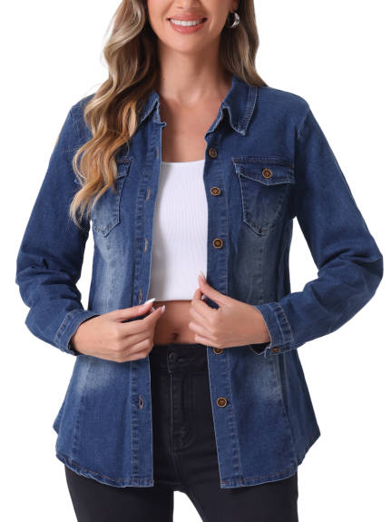 Allegra K - Button Down Long Sleeve Jean Shirt