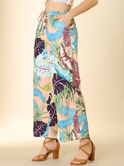 Allegra K- Drawstring Wide Leg Floral Beach Pants