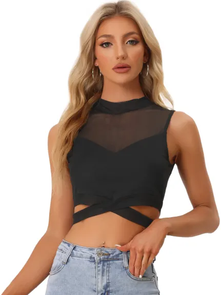 Allegra K- Mesh Sheer Sleeveless Waist Cross Crop Cami Top