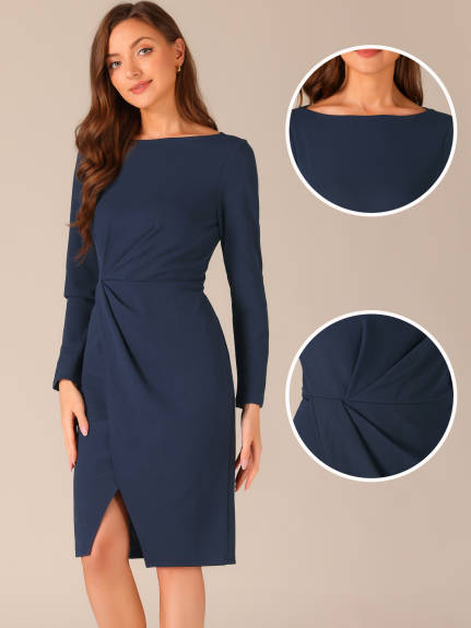 Allegra K- Boat Neck Long Sleeves Sheath Dress