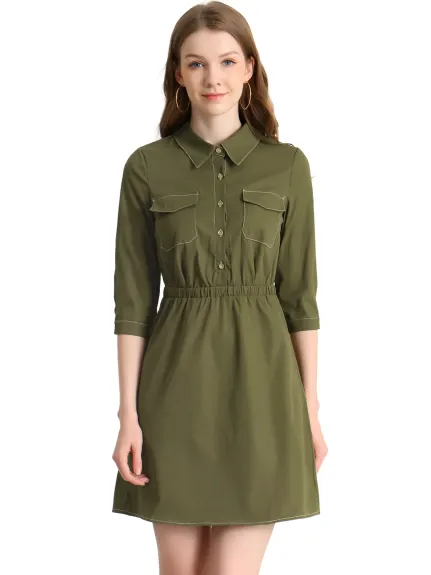 Allegra K- Collared Elastic Waist Utility Safari Shirt Dress