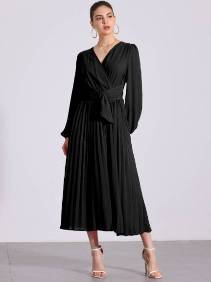 Allegra K - Pleated V-Neck Puff Sleeve Midi Dress