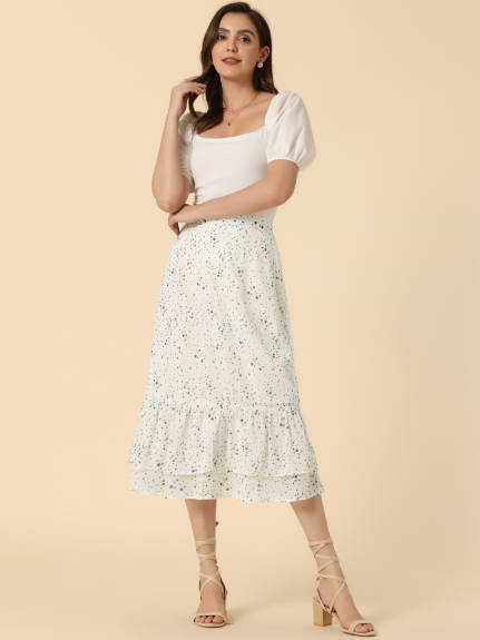 Allegra K- Printed Chiffon Ruffle Tiered Zipper Midi Skirt