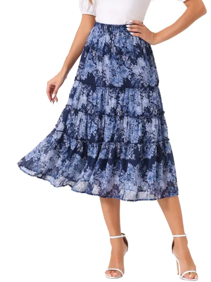 Allegra K- Floral Tiered A-Line Long Chiffon Skirts