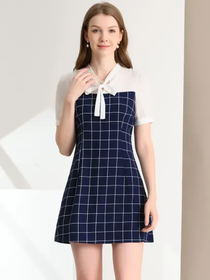 Allegra K- Plaid Panel Tie Neck Puff Short Sleeve Dress