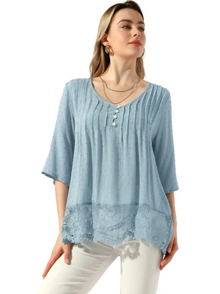 Allegra K - Lace V Neck Summer Lace Hem Top