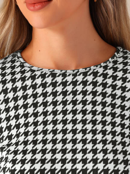 Allegra K - Houndstooth Plaid Long Sleeve A-Line Dress