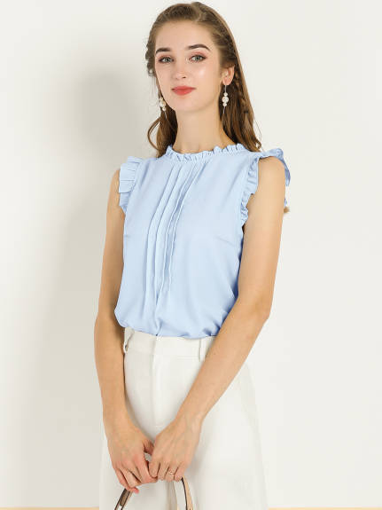 Allegra K- Ruffled Mandarin Collar Sleeveless Pleated Blouse