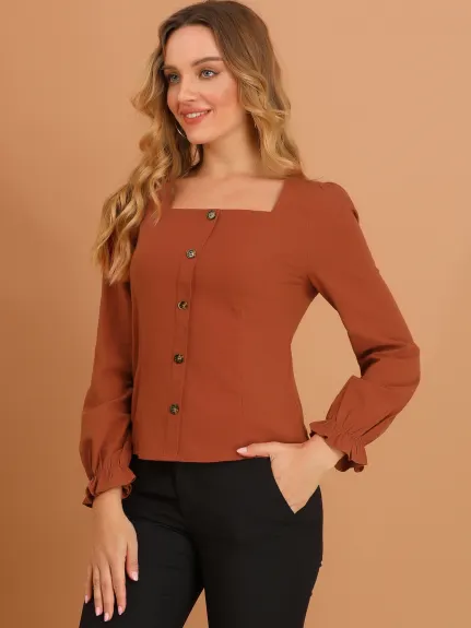 Allegra K- Square Neck Button Ruffle Cuff Long Sleeve Blouse