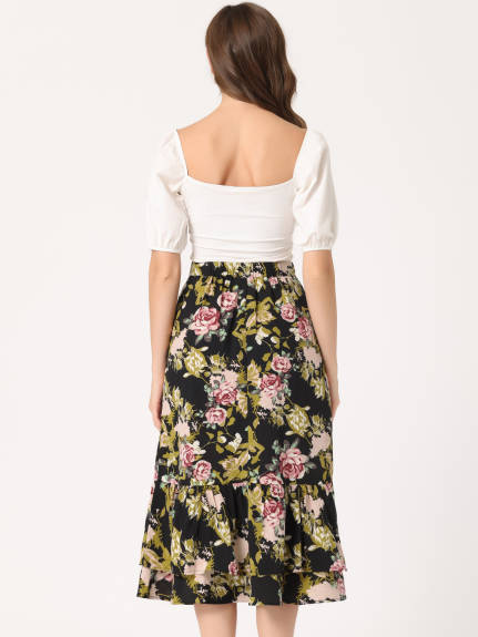 Allegra K- Printed Chiffon Ruffle Tiered Zipper Midi Skirt