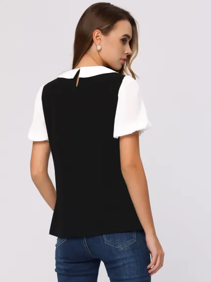 Allegra K- Peter Pan Collar Contrast Puff Top