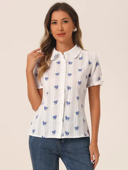 Allegra K - Frilled Short Sleeve Floral Cotton Shirt