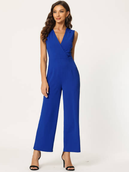 Allegra K - Elegant Wrap V Neck Wide Leg Work Jumpsuit