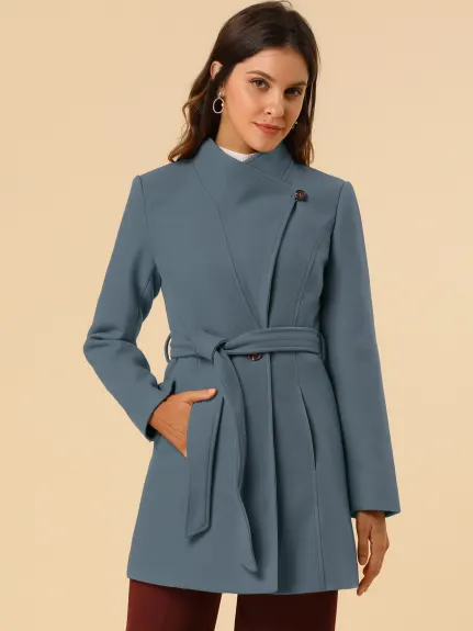 Allegra K- Classic Stand Collar Belted Long Coat