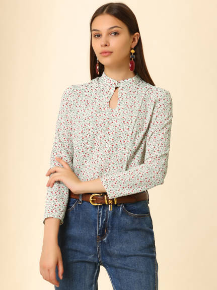 Allegra K - Long Sleeve Work Keyhole Floral Blouse