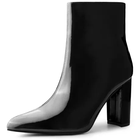 Allegra K - Pointed Toe Zip-up Glossy Ankle Boots