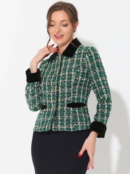 Allegra K- Elegant Velvet Collared Plaid Tweed Blazer