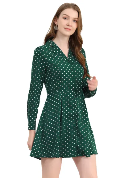 Allegra K- Polka Dots Notched Lapel V-Neck Shirt Dress