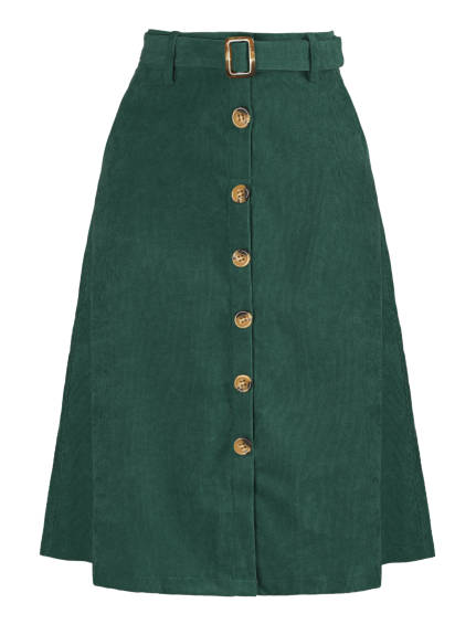 Allegra K - Button Front A-Line Belted Corduroy Skirt